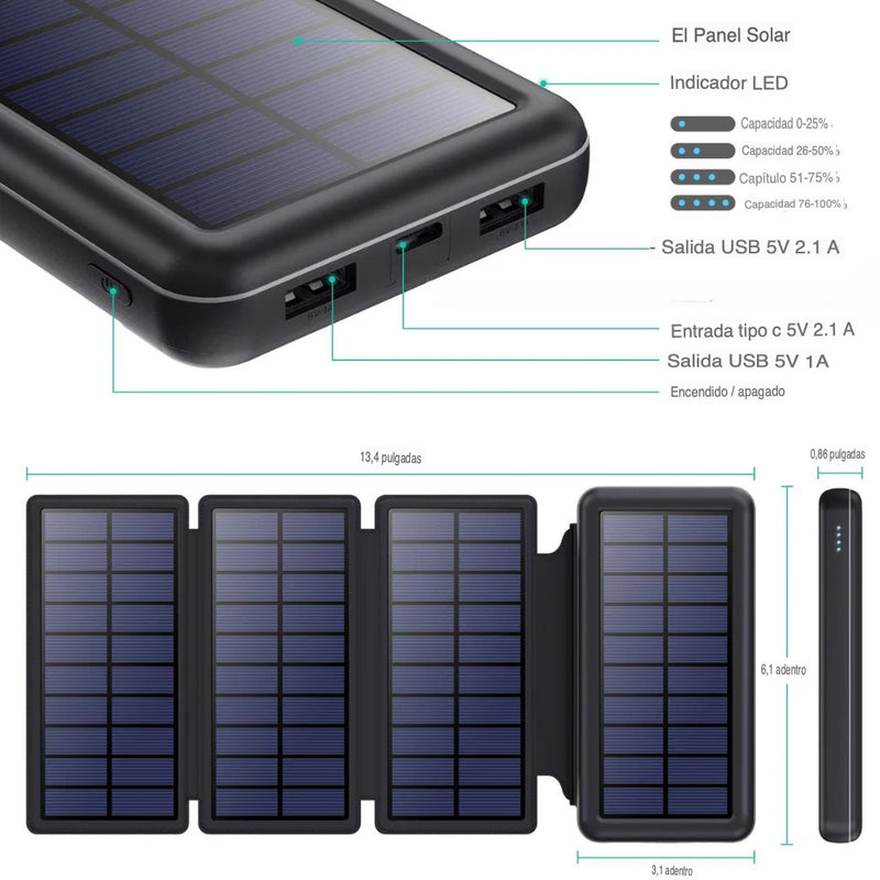 Power Bank Solar Portátil Recargable 4 Paneles